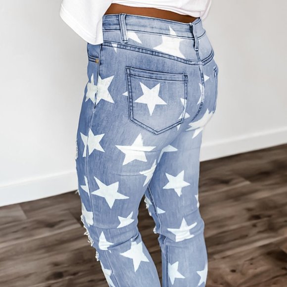 Ripped Star Print Mid Waist Jeans - Picture 3 of 6